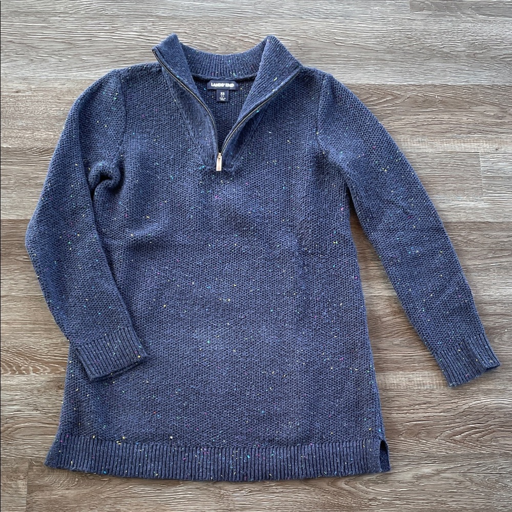 Lands’ End Quarter Zip Tunic Sweater Women’s XS  Navy Blue with Colorful Specs